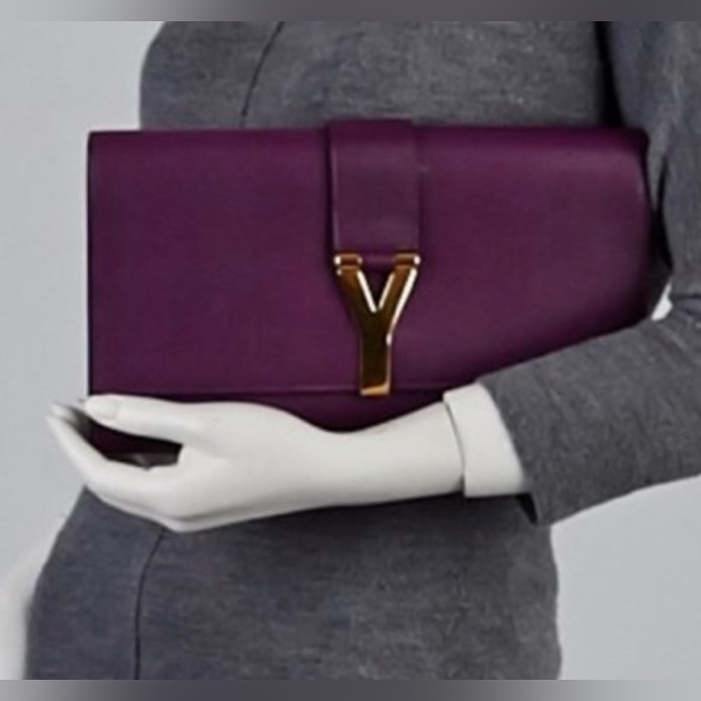 SAINT LAURENT Textured Calfskin Classic Y Ligne Clutch Purple - Picture 7 of 8